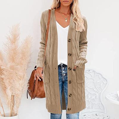 Women Sweater Cardigan V-neck Long Sleeve Twist Texture Knitting Tops with Pockets Solid Color Button-Up Knitting Jacket