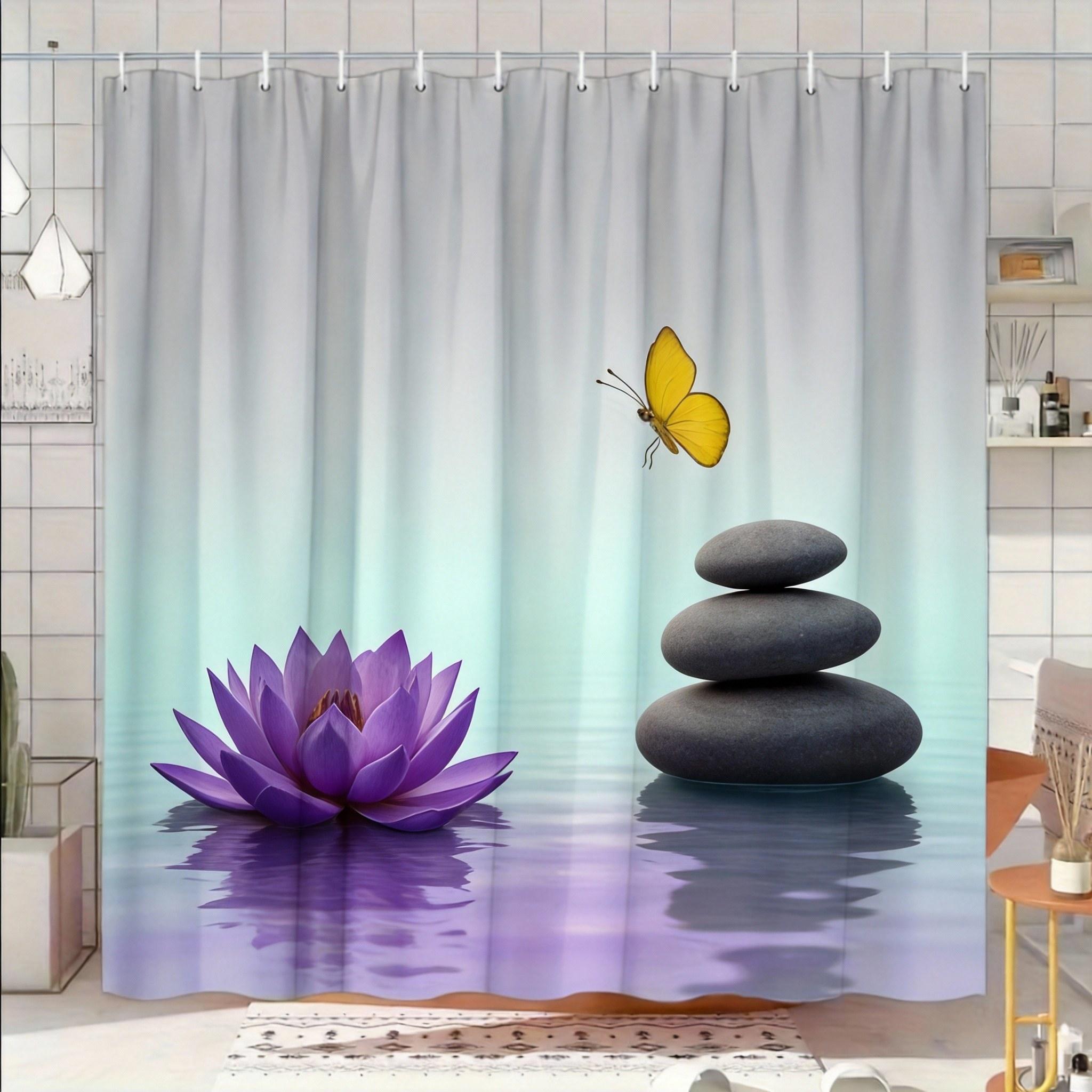 

Tranquil Lake Shower Curtain 180X180Cm – Lotus & Stone Garden Design, Nature-Inspired Bathroom Decor, 12 Hooks W60H190(CM)-1 Pcs