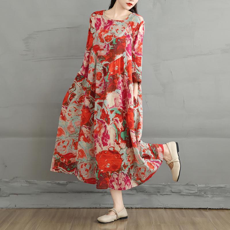 

Dimanaf 2025 Женское Платье Большого Размера Весна Лето Повседневное Платье Базовое Винтажное Свободное Печать Льняное Макси Длинный Рукав 2XL красный