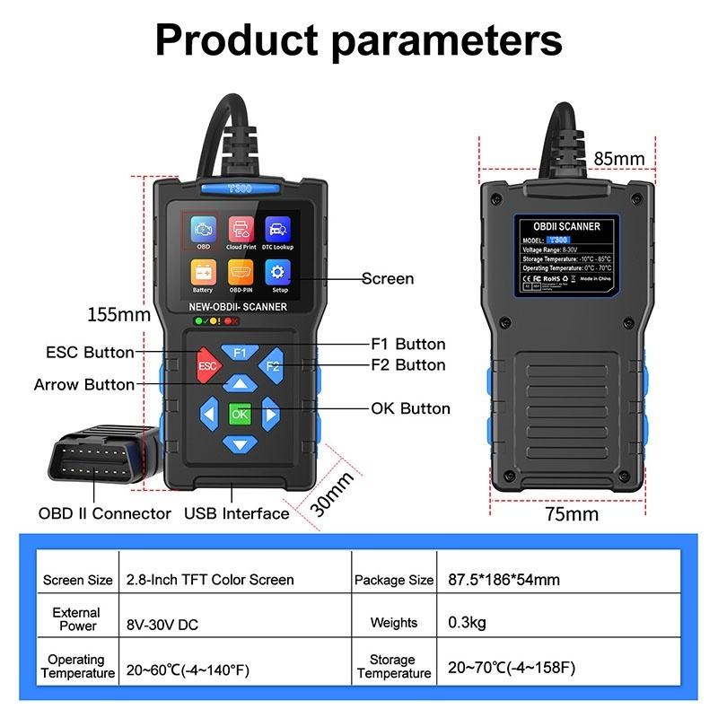 OBD2 Car Scanner Diagnostic Tool Check Engine Fault Code Reader Mode 6,Mode 8 & I/M 24-inch Screen Diagnostic Scanning Tool T300