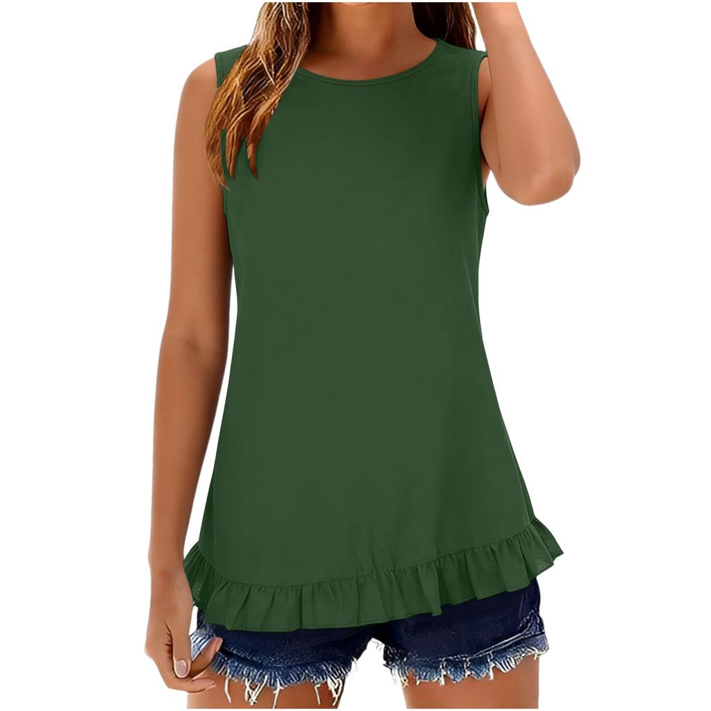 Women's Sleeveless Button Down Shirt Casual Summer Blouse Loose Fit Round Neck Ruffle Hem Lightweight Top