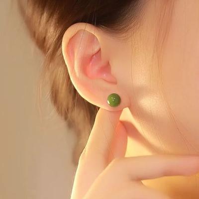 PANJBJ 925 Sterling Silver Hotan Jade Stud Earring for Women Girl Round Vintage Luxury Jewelry Banquet Gift Dropshipping