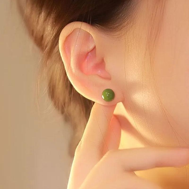 PANJBJ 925 Sterling Silver Hotan Jade Stud Earring for Women Girl Round Vintage Luxury Jewelry Banquet Gift Dropshipping