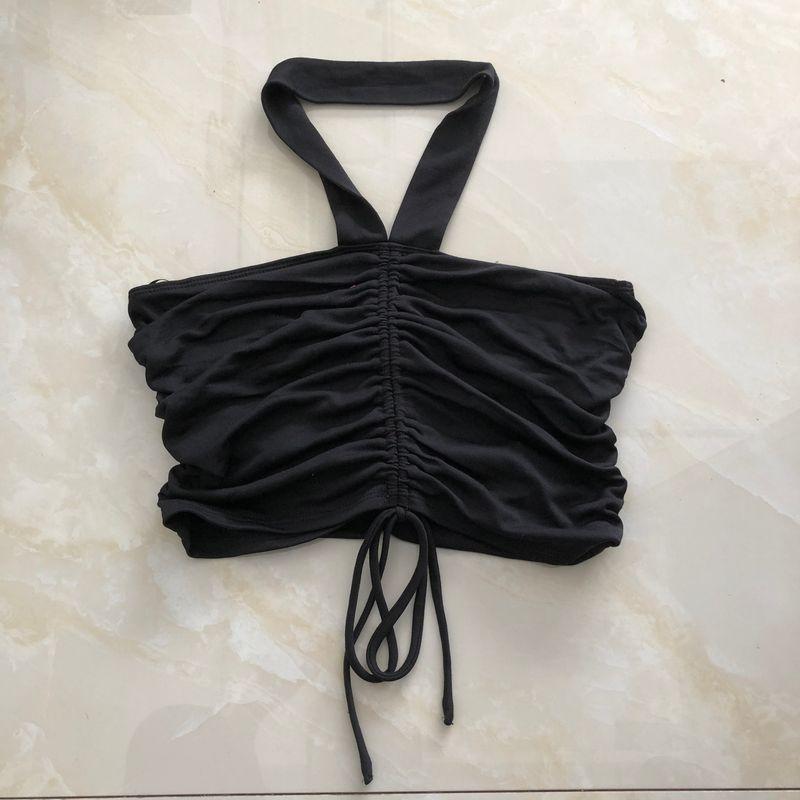 

Hanging Neck Tube Top Summer New Foreign Trade Women clothes Backless Pleat Drawstring Lace-up Short Navel Vest 25699 Black A- 7-27-2 M