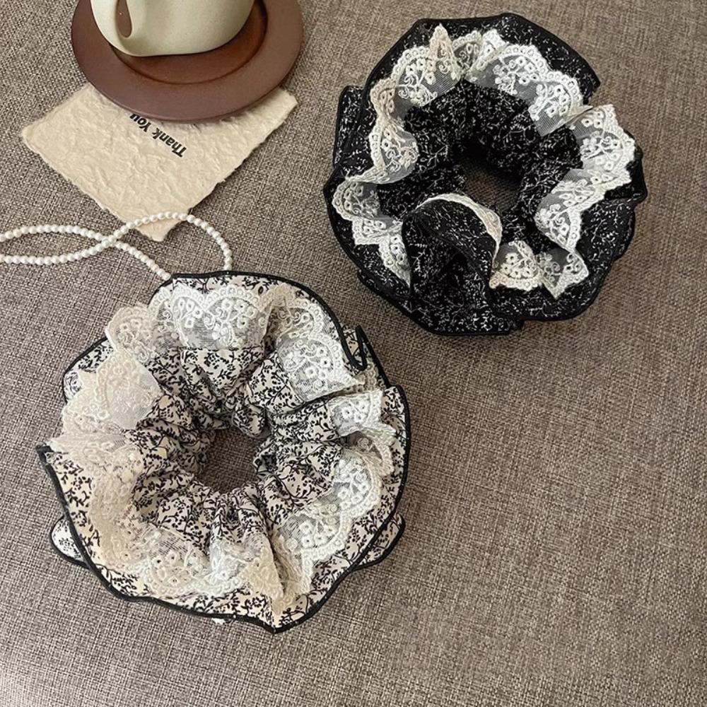 

French Style Women Hair Scrunchies Double Layer Oversized Hair Ropes Floral Lace Scrunchies Girls білий