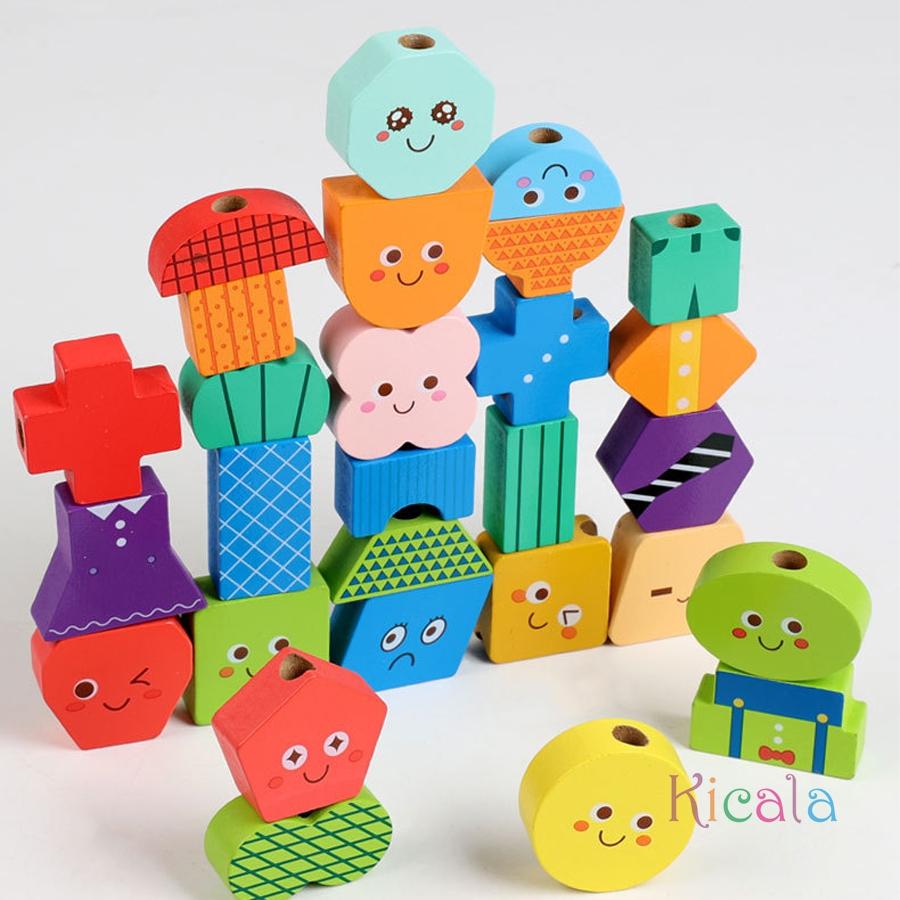 40pcs Building Blocks 30 Cards Wooden Expression Set Bead String Attention Training Toy for Kids Logical Skills Christmas Gifts