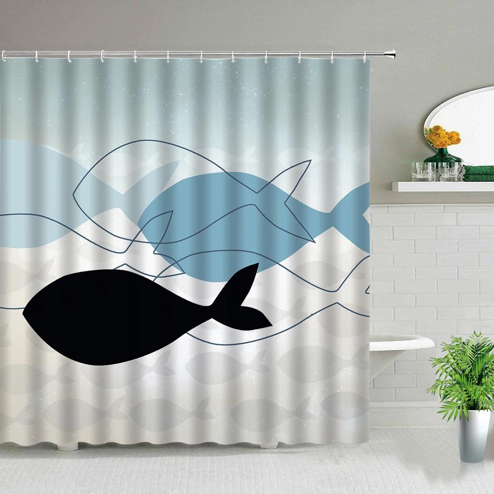 Cortinas de Chuveiro Peixe Tubarão Desenhos Coloridos Vida Marinha Banheiro Infantil Decoração de Casa Conjunto de Cortinas de Tecido Telas de Banho Impermeáveis