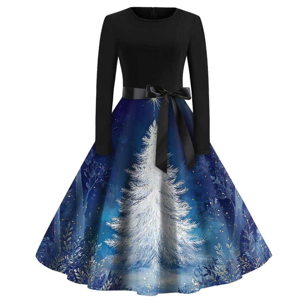 Rochie de damă la modă, rotundă, casual, slim fit, cu imprimeu de Crăciun, croială largă, cu mâneci lungi