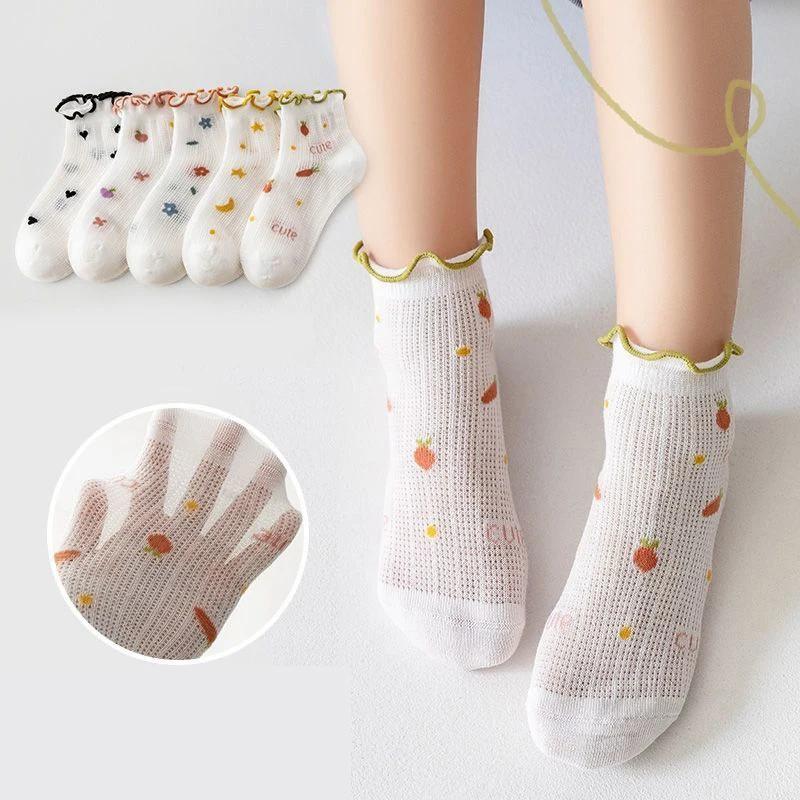 5 Pairs Girl Summer Mesh Socks Sweet Ruffled Print Cotton Breathable Short Socks For Toddlers Kids