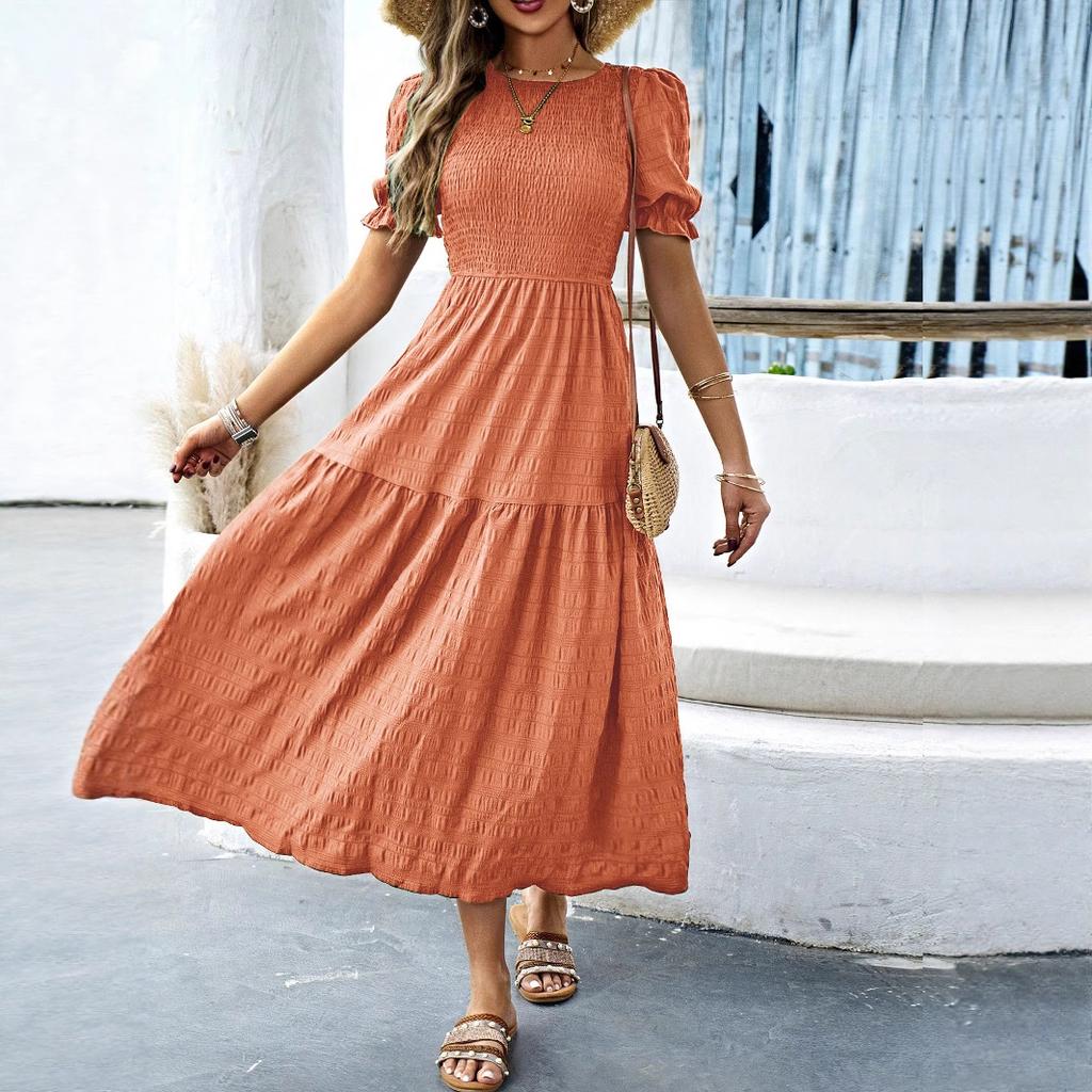 Casual Vacation Style Lotus Leaf Sleeve Cinched Waist Women's Long Dress 2025