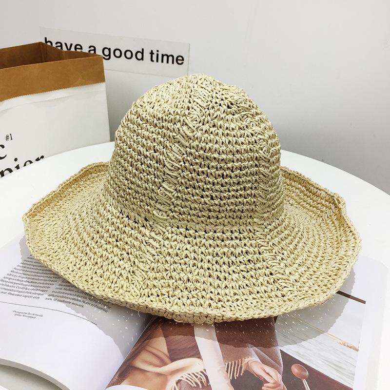 Wide Brim Straw Bucket Hat Classic Ruffle Crochet Summer Sun Hats Hollow Out Breathable Outdoor Travel Beach Hats for Women Daily Use