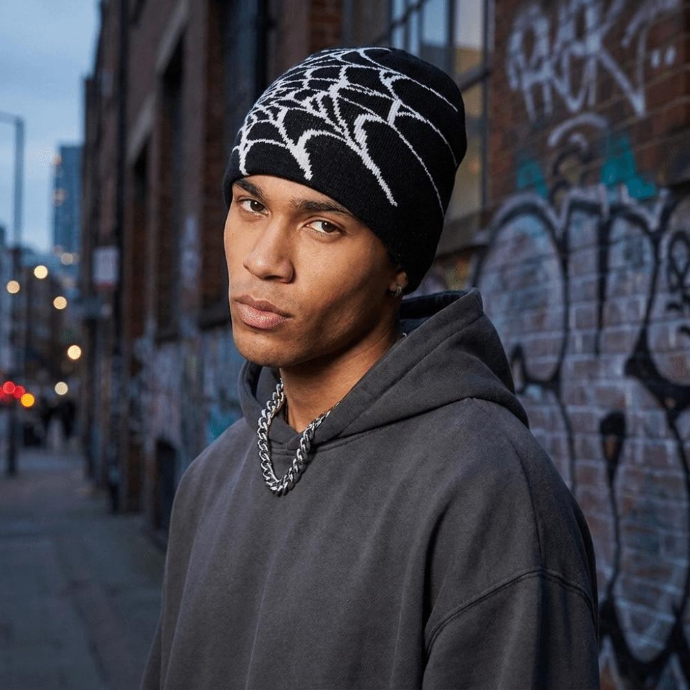 Warm Pullover Hat Stretch Cuffed Knitted Hat Gothic Spider Web Pattern Beanie Caps  Outdoor