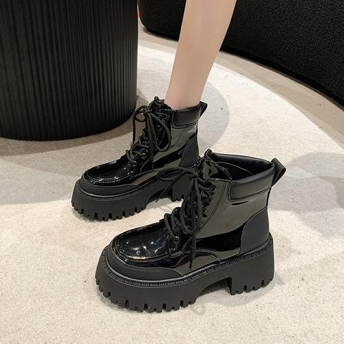 

мода Модные женские туфли на шнуровке на платформе, дизайнерские брендовые женские туфли с толстой подошвой, повседневные однотонные туфли на плоской подошве, кожаные зимние ботинки, обувь 40 чёрный