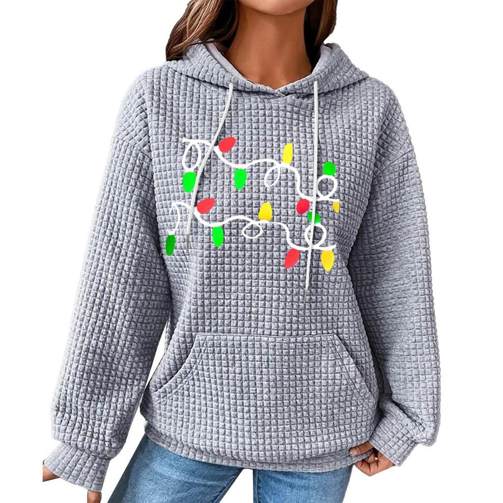 Women's Fashion Loose Hooded Pullover Long Sleeve Plaid Sweatshirt With Drawstring, Drop Shoulder, Pocket, Christmas Print Top