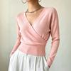 Women's Color Long Sleeve Cross Front Waist Tie Knit Top