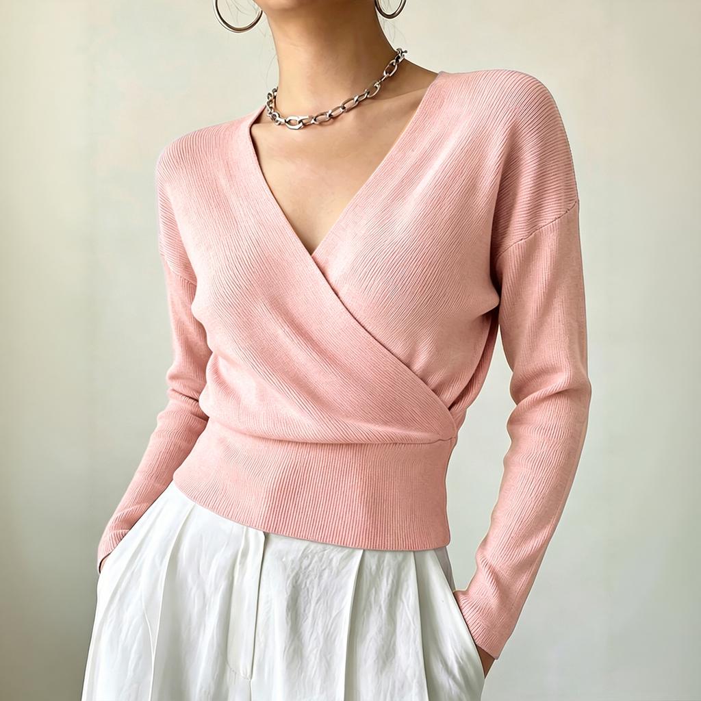 Women's Color Long Sleeve Cross Front Waist Tie Knit Top