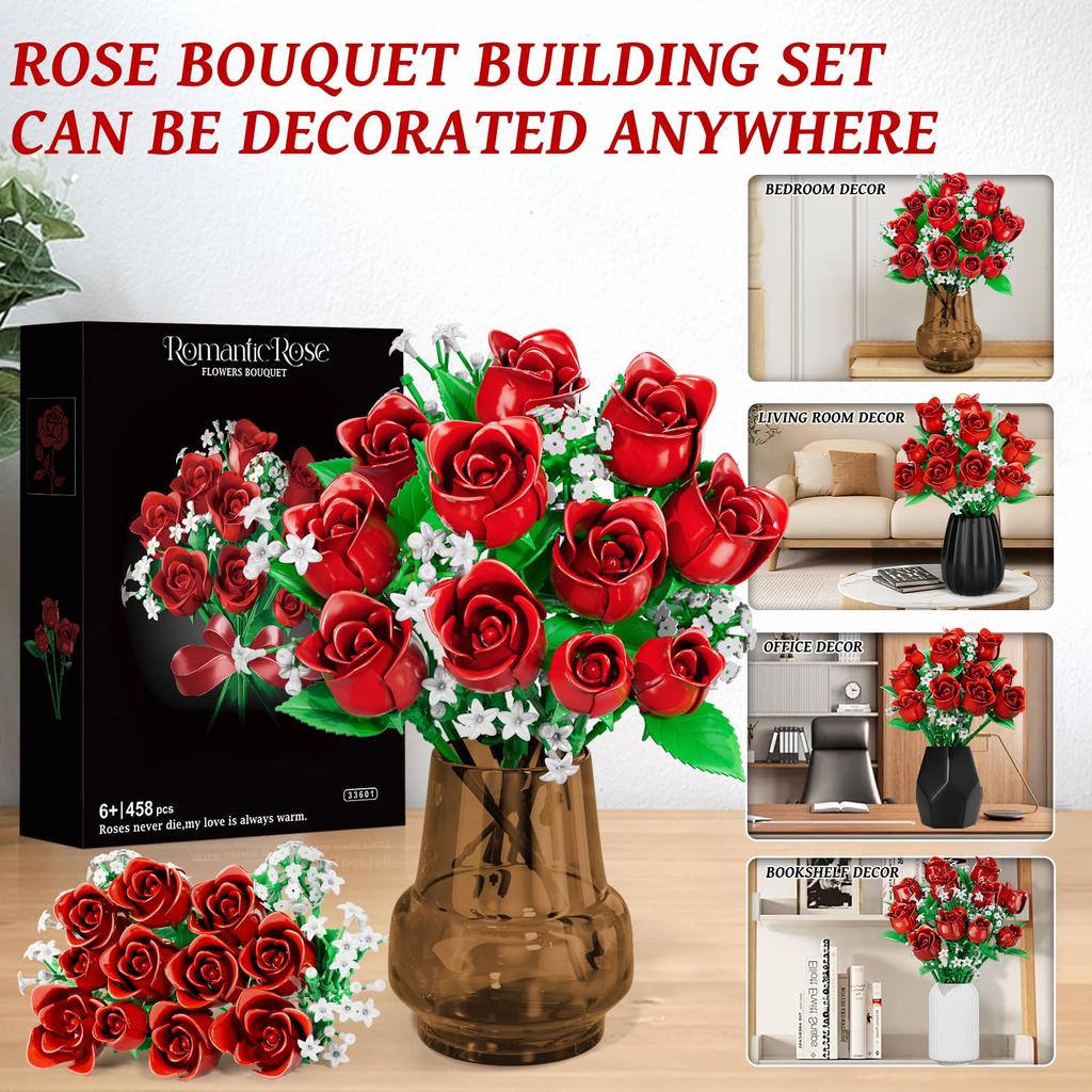 Kit de construction Bouquet de Roses Ensemble de Décoration de Fleurs Artificielles 458 Pièces Rose Rouge Romantique Cadeau Pour la Fête des Mères la Saint-Valentin