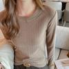 Women Bottom Tops Round Neck Long Sleeve Slim Fit Pullover Tops Solid Color Design Ribbed Texture Tee Shirt