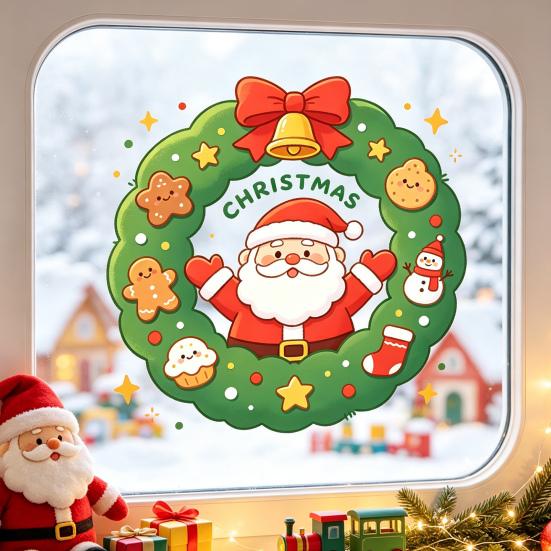 Winter Wreath Decorations Christmas Santa Claus Window Cling, Cartoon Static Sticker, PVC Party Decor Waterproof Glass Decal for Home Holiday