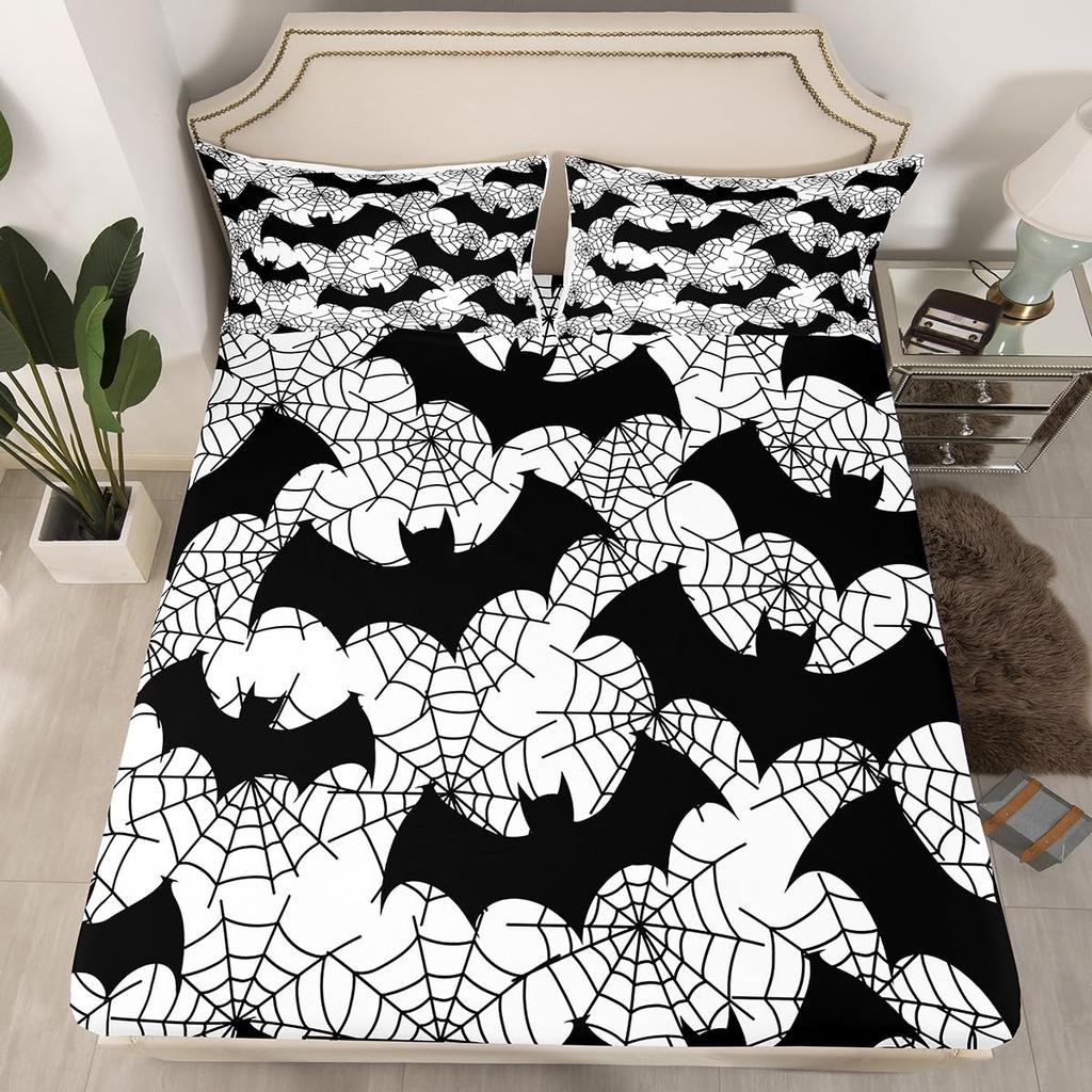 Gothic Spooky Bedding Set Pumpkin Lantern Cute Halloween Bed Sheets for Kids Boys Teens,Ghost Spiderwebs Fitted Sheet Black Cat Cobwebs Bats