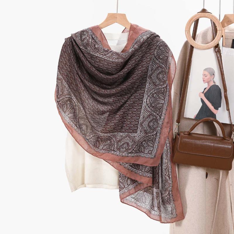 Retro chain women's printed scarf fashionable versatile cotton and linen feel long yarn summer sunscreen