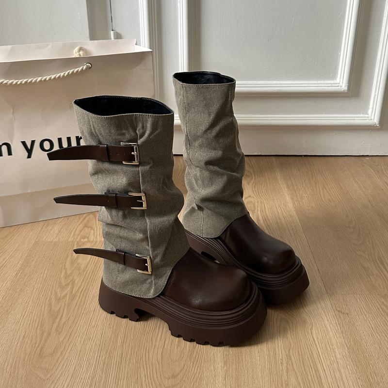 

Мода Зимняя Мода Туфли на Платформе Женские Рыцарские Сапоги Модная Пряжка-Ремень Обувь Слипоны Женские Элегантные Ботильоны до Середины Икры 35 коричневый