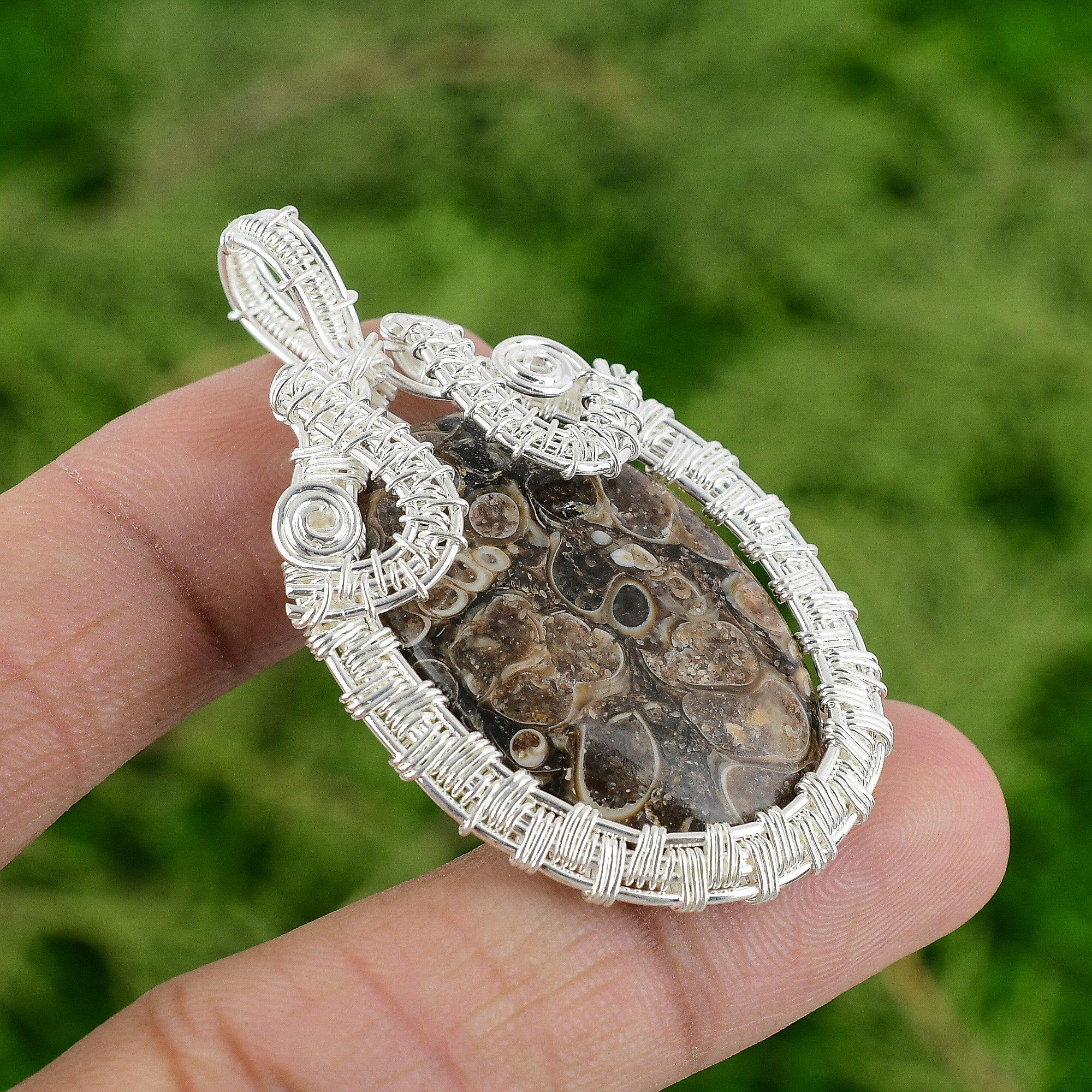 

Turritella Agate Gemstone Handmade Wire Wrapping Wedding Pendant Sterling Silver