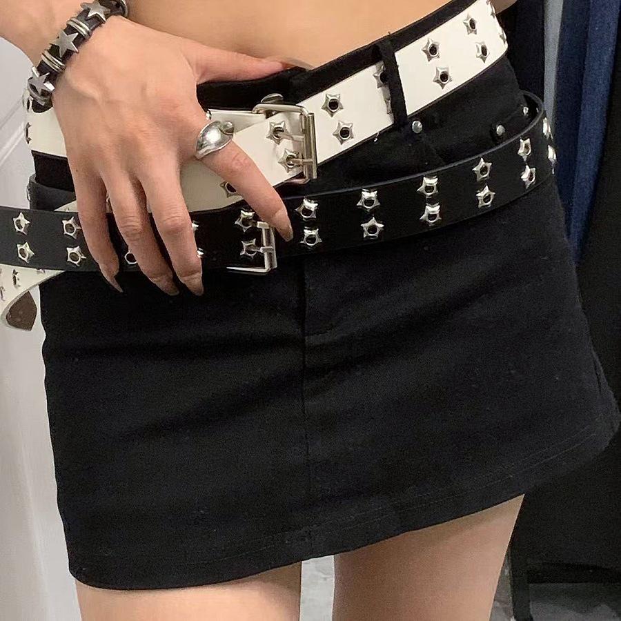 Curea de piele cu ochiuri duble, stil punk pentru femei, cu cataramă cu pin