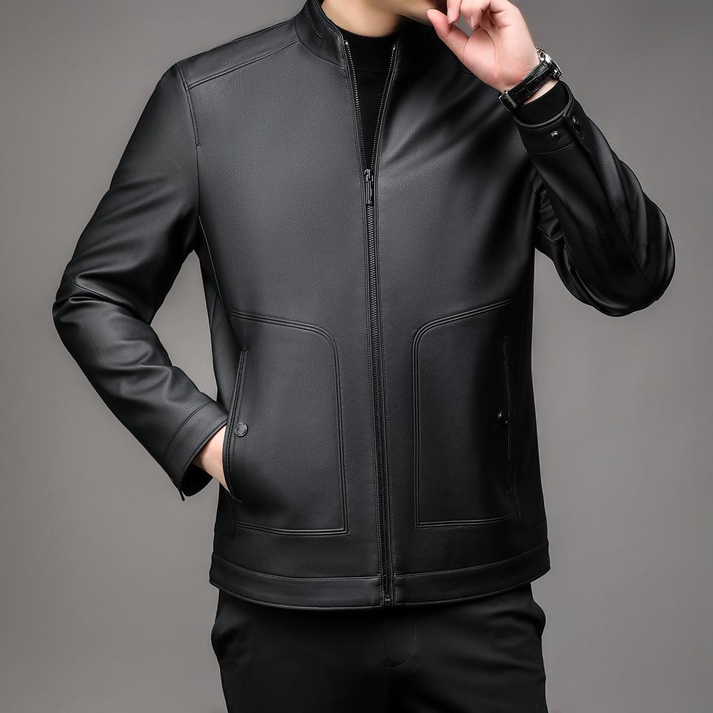 Leather Jacket Men's Autumn New Style Velvet Middle-aged Fashionable Business Lapel PU Leather Handsome Men's Jacket