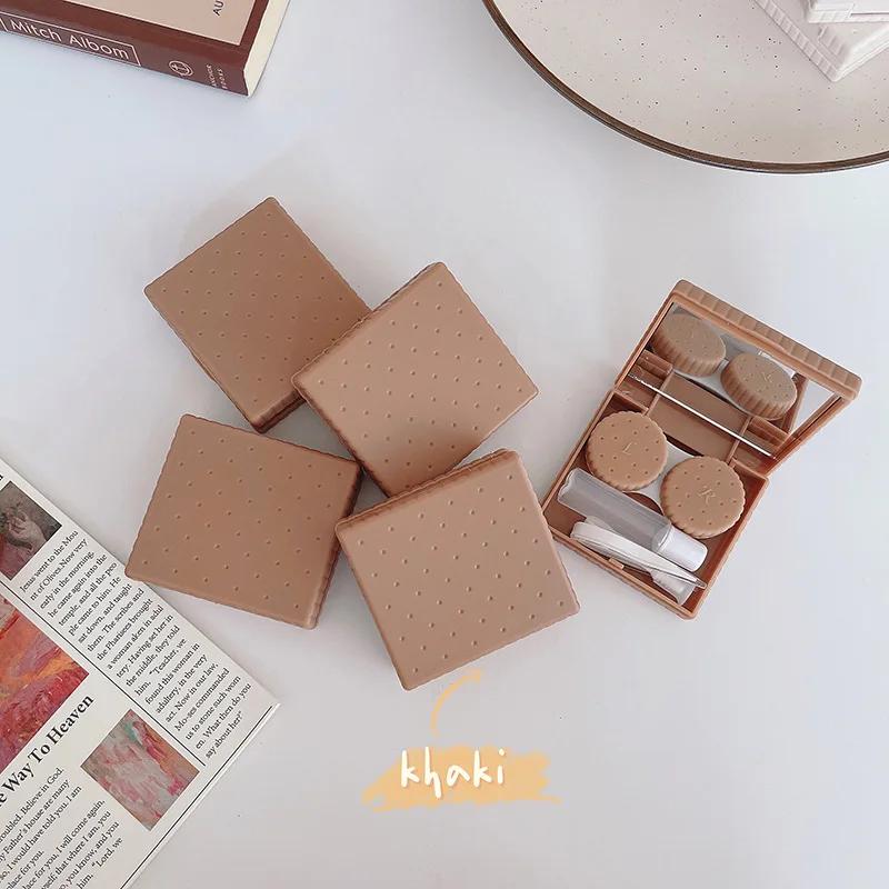 

Chocolate Girls Cute Mini Contact Lens Case Box Mirror Womens Portable Eyes Contact Lens Container Cookies Travel Accessories