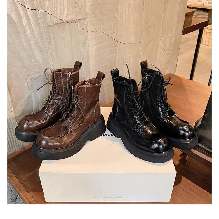 Shoe Shrinkage Horse Leather Height Raised Coarse Heel Platform Sole Lace-Up Side Zipper Martin Boots