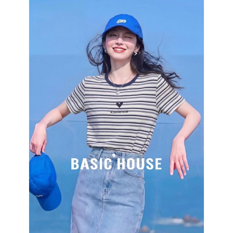 Basic House Women s Dark Blue Stripe Print Short Sleeve T-shirt S