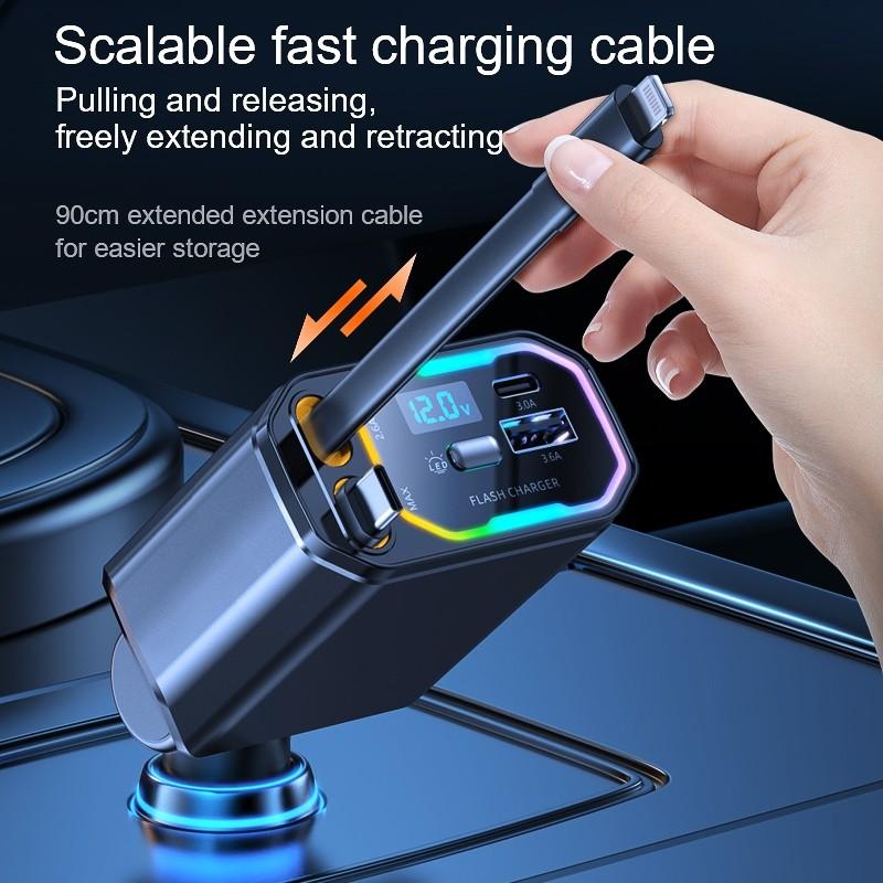 120W 4 In 1 Multi Functional Scalable Cable Car Charger Portable Car Fast Charging Mobile Phone Adapter