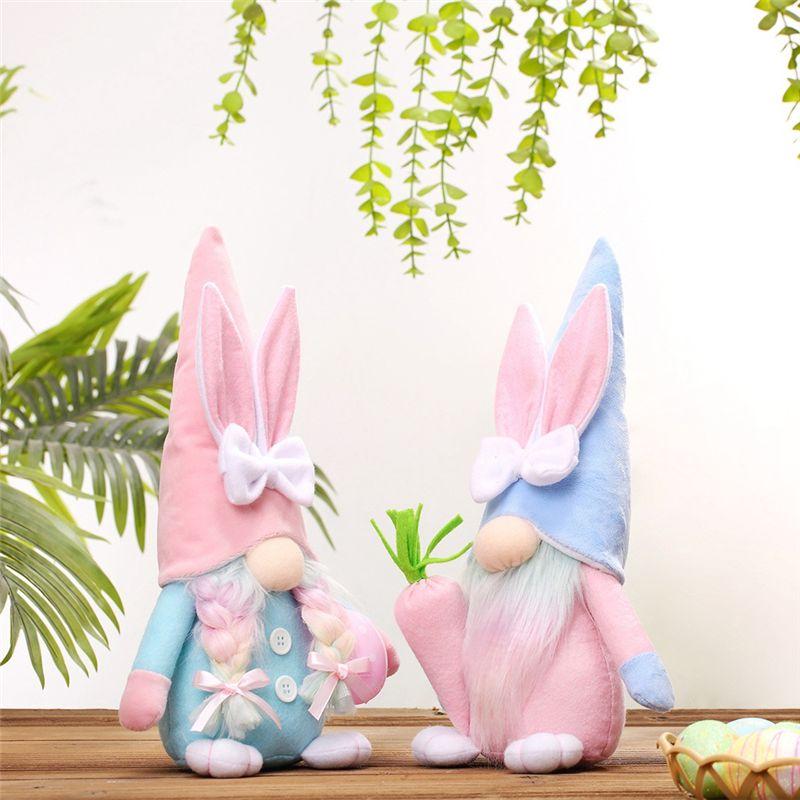 M-Modern-Easter Gnome Bunny Set - 2Pcs Handmade Swedish Tomte Plush Rabbits Set With Easter Egg And Carrot, Suitable As Easter D