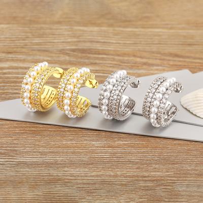 Nidin Fashion Natural Freshwater Pearls Unique Design Elegant Gold/Silver Color Zircon C Earrings Jewelry Party High-grade Gift