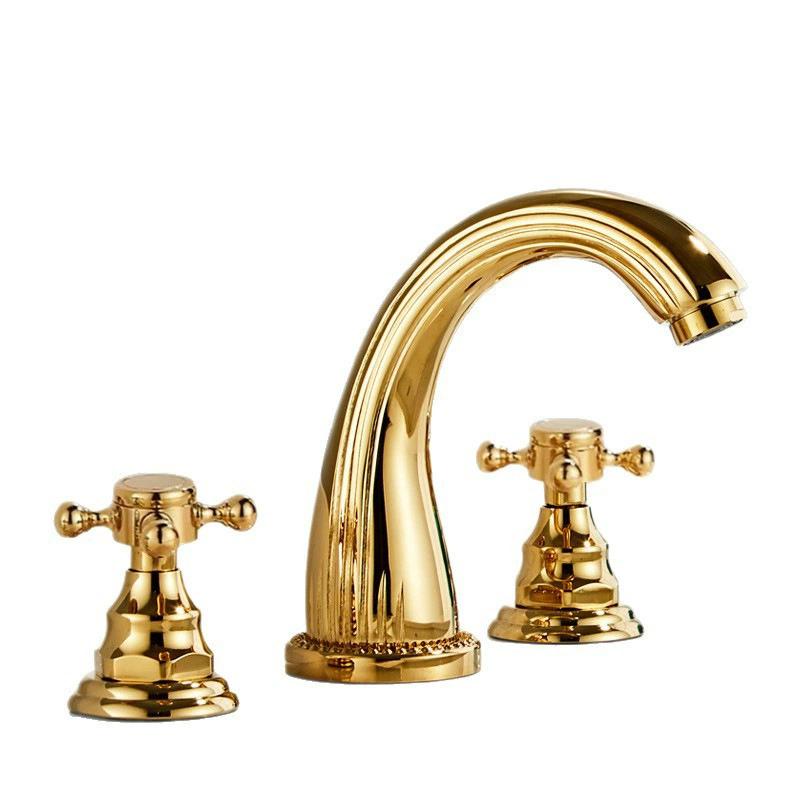Tuqiu Gold Bathroom Faucet Widespread Sink Tap Brass Antique Basin Faucet Black Lavotory Faucet 3 Hole Hot & Cold Water Tap