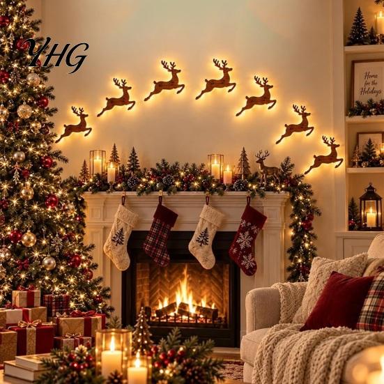 Layered Wooden Christmas Landscape 7Pcs Silhouette Lights with Warm Backlight, LED Reindeer 3D for Home Santa Sleigh Wall Decoration, Seasonal