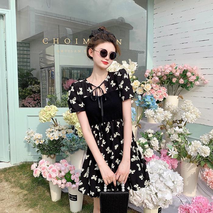 Modische Damenbekleidung, Sommer Schlankmachender Neuer Stil, Einfaches Kontrastdruck Schleife Taillenkleid für Damen