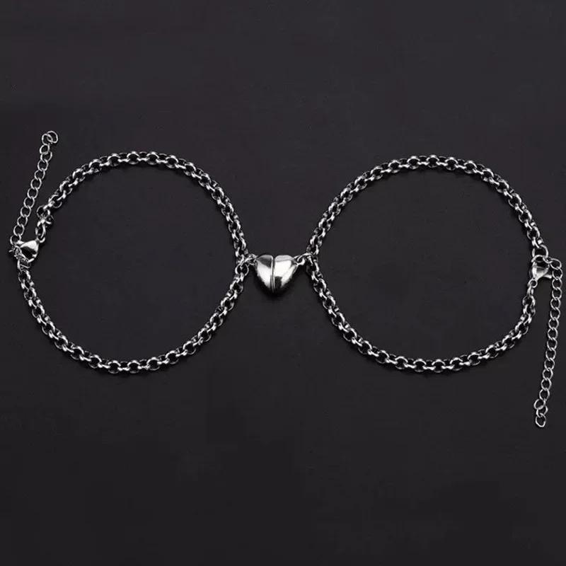 Fashion Simple Heart Shape Magnetic Couple Bracelet Silver Color Personality Vintage Women Man Promise Bracelet Lover Jewelry