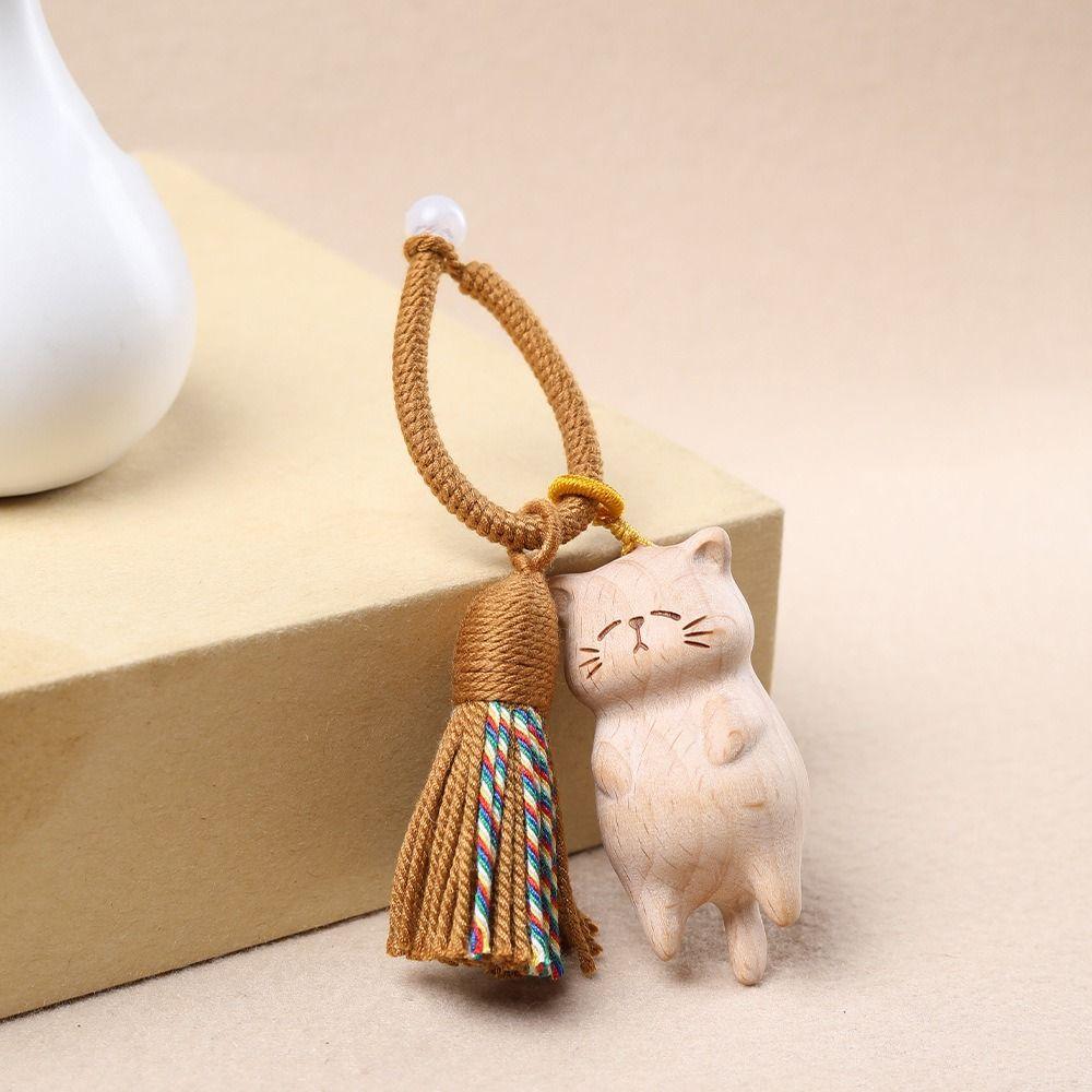 Beads Wood Kitty Dolls Pendant Weave Rope Carved Cat Keyring Wooden Carved Cat Keychain  Students