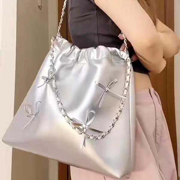 Y2K Drawstring Bow Bag: Soft Leather, Large Capacity, Cute Versatile Shoulder Commuter Bag (2025)