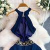 Sexy Backless Halter Neck Dress with Padded Cups for Women Vintage Bohemian Embellished Asymmetrical Elegant Chiffon Midi Dress