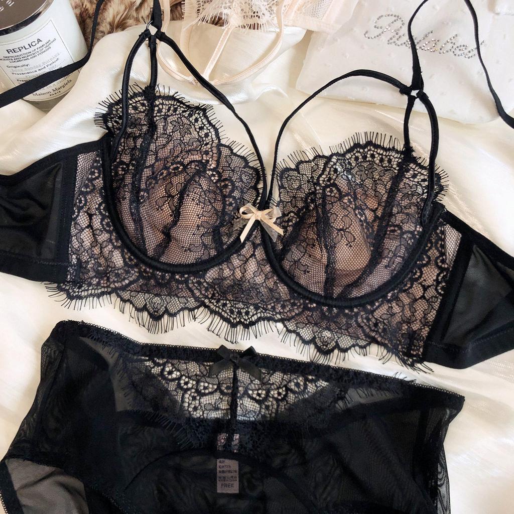Sexy Hollow Bra Briefs Set French Thin Cup Lace Embroidery Women Underwear Wire Free Bralette Padding Comfort Plus Size Lingerie