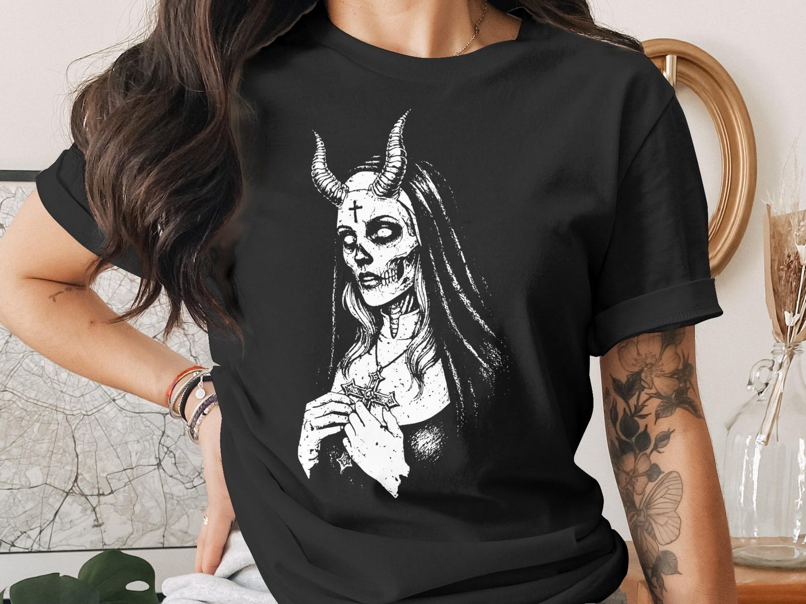 Gothic Nun Skull T-Shirt, Dark Art Skeleton Sister Tee, Occult Horned Demoness Top, Witchy Grunge Alternative Fashion Gift L
