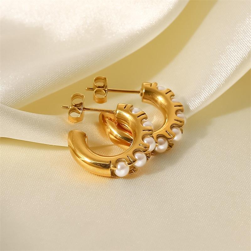 Youthway Stainless Steel Pearls C-shaped Ear Studs 18k PVD Gold Plated Tarnish Free Textured Occident Jewelry Women Gift 2025