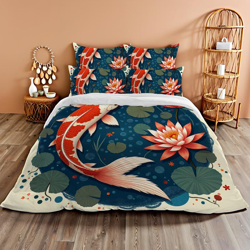 3D Digital Printing Bedding Two Or Three-Piece Set Koi Rich Flower Polyester Quilt Cover
