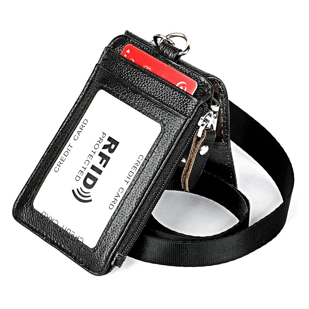 Genuine Leather RFID Blocking Badge Holder Stylish Office ID Case for Women Men Employee Work Card Pouch Business Essential Accessory with Lanyard