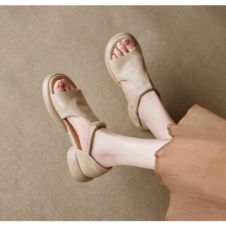 Huge Good-looking Soft Leather Soft-soled Retro Casual Open-toed Sandals Women's Summer Medium Heel Thick-soled Fish Mouth Roman Shoes Are Not Tired