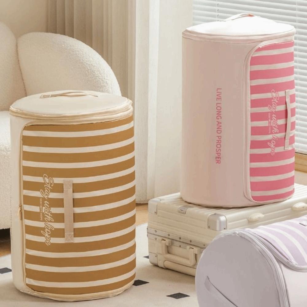 Large Capacity Cylinder Quilt Storage Bag Striped Pattern Compressible Bedding Organizer  Wardrobe