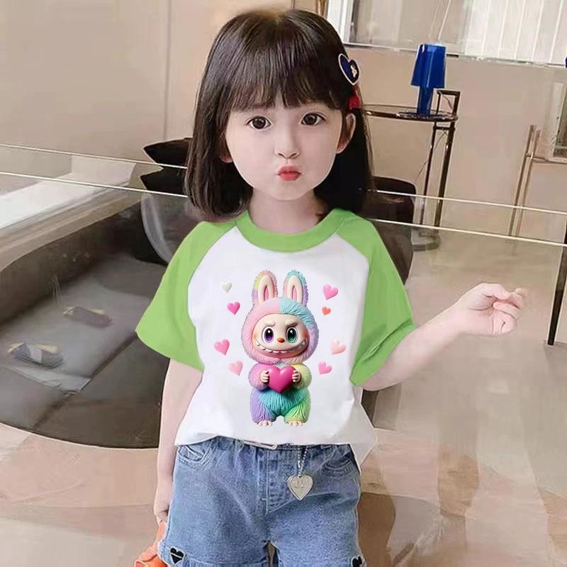 Kawaii Kreslená Labubu Dětské Dospělé Tištěné Tričko Léto Dámské a Pánské Ležérní Outdoorové Dívčí a Chlapecké Trička s Krátkým Rukávem Top